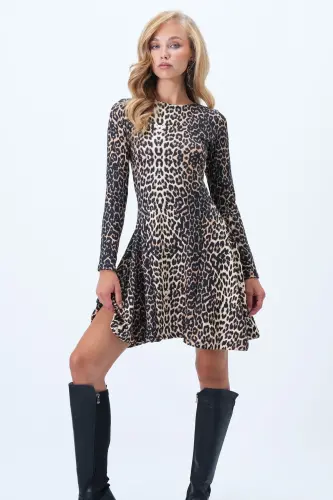 Kadın Kahve Bej Bisiklet Yaka Dikiş Detayli Kloş Mini Elbise ALC-X10883-KAHVE BEJ 