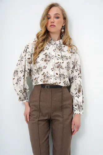 Kadın Kahve Çiçekli Balon Kol Desenli Baskılı Viscon Dokuma Gömlek Alc-X9654-KAHVE ÇİÇEKLİ - 4