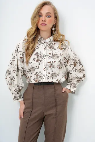 Kadın Kahve Çiçekli Balon Kol Desenli Baskılı Viscon Dokuma Gömlek Alc-X9654-KAHVE ÇİÇEKLİ - 5