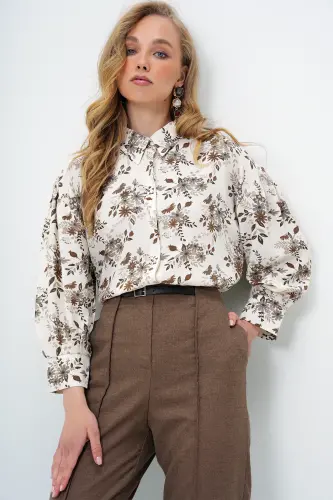 Kadın Kahve Çiçekli Balon Kol Desenli Baskılı Viscon Dokuma Gömlek Alc-X9654-KAHVE ÇİÇEKLİ - 1