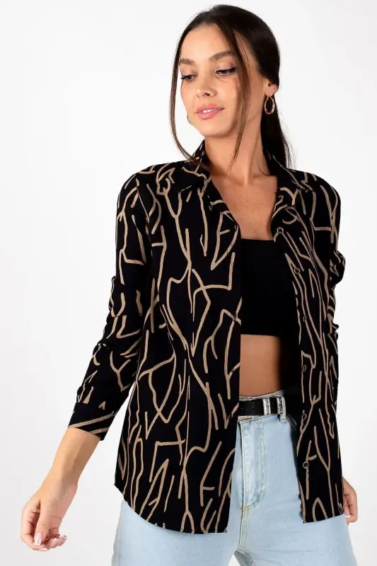 Kadın Kahve ÇİZGİ DESEN UZUN KOL GÖMLEK ARM-20Y001002-Kahve - 2