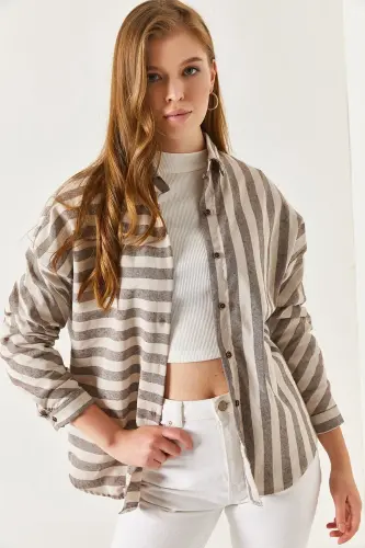 Kadın Kahve Çizgili Salaş Gömlek ARM-21K001034-Kahve - 1