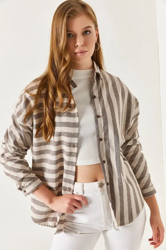 Kadın Kahve Çizgili Salaş Gömlek ARM-21K001034-Kahve - 1