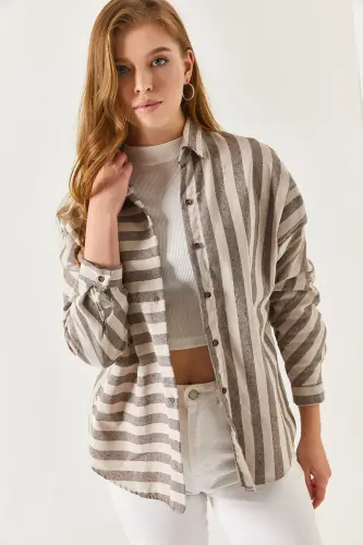 Kadın Kahve Çizgili Salaş Gömlek ARM-21K001034-Kahve - 3