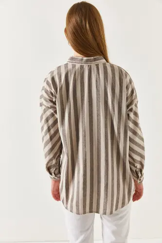 Kadın Kahve Çizgili Salaş Gömlek ARM-21K001034-Kahve - 4