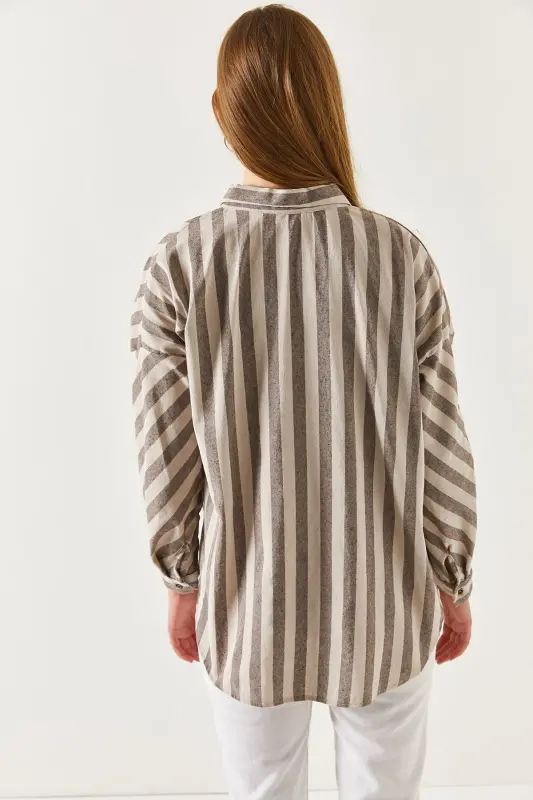 Kadın Kahve Çizgili Salaş Gömlek ARM-21K001034-Kahve - 4