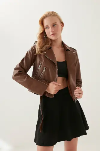 Kadın Kahve Fermuar Ve Kemer Detay Deri Ceket-Kahverengi - MILA STILL (1)