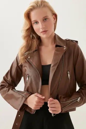 Kadın Kahve Fermuar Ve Kemer Detay Deri Ceket-Kahverengi - 1