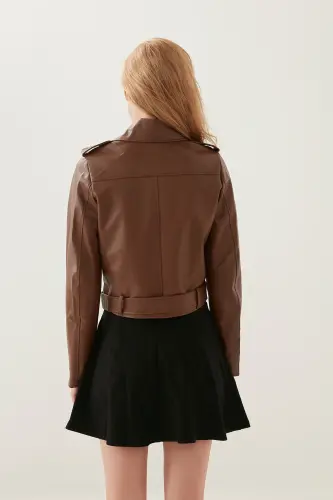 Kadın Kahve Fermuar Ve Kemer Detay Deri Ceket-Kahverengi - 5
