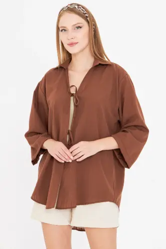 Kadın Kahve Gömlek Yakalı Önden Bağcıklı Kimono Gömlek ARM-25K001006 - Kahve 