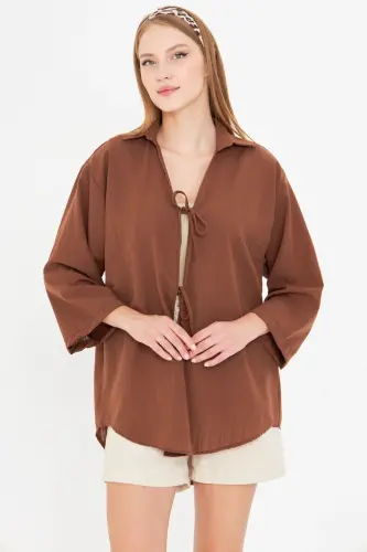Kadın Kahve Gömlek Yakalı Önden Bağcıklı Kimono Gömlek ARM-25K001006 - Kahve - 2