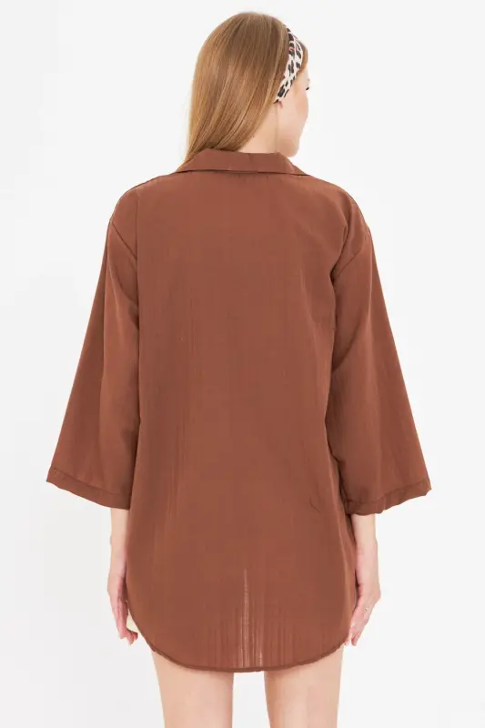 Kadın Kahve Gömlek Yakalı Önden Bağcıklı Kimono Gömlek ARM-25K001006 - Kahve - 5