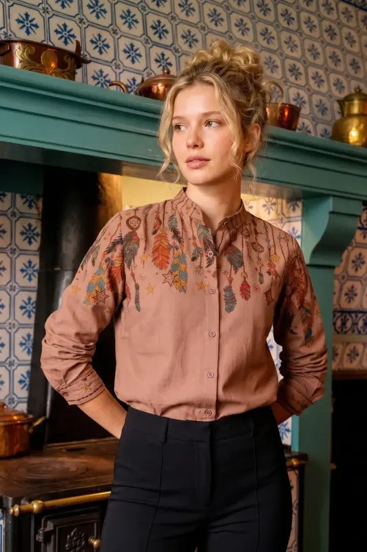 Kadın Kahve Hakim Yaka Desenli Gömlek ARM-25Y001013 - Kahve - ARMONIKA