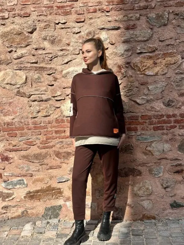 Kadın Kahve Kapşonlu Etek Ucu Detay Arma Ters Dikiş Gorunumlu Ikili Takım - 3