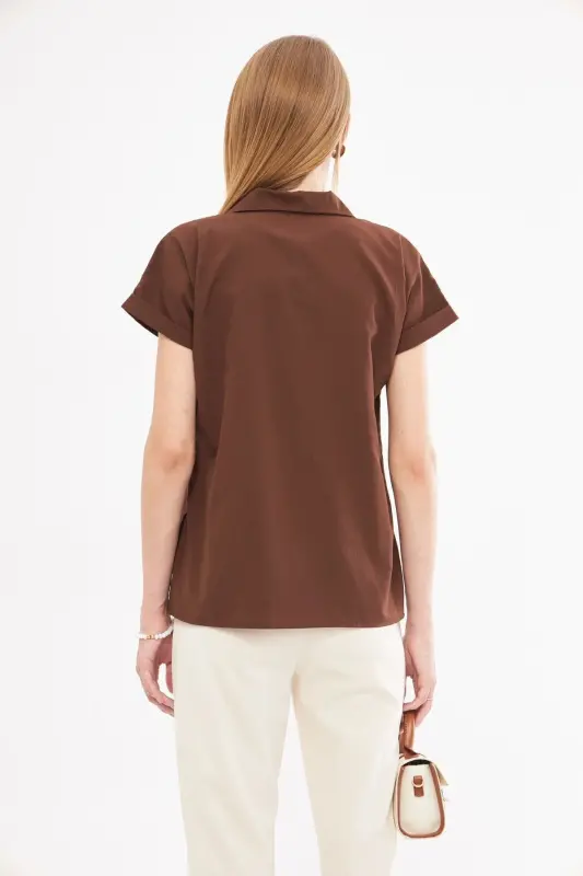 Kadın Kahve Kısa Kol Gömlek ARM-19Y001065-Kahve - 5