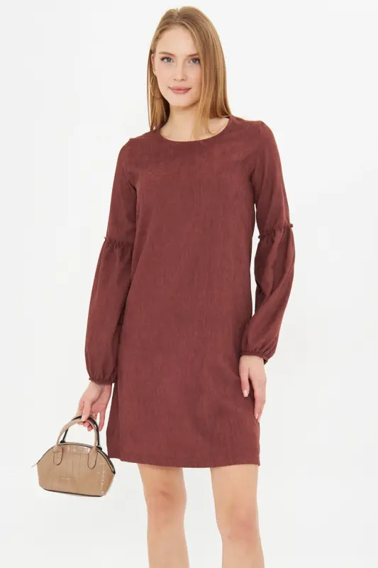 Kadın Kahve Kolu Balonlu Kadife Elbise ARM-20K001107-KAHVE - 1