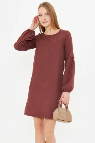 Kadın Kahve Kolu Balonlu Kadife Elbise ARM-20K001107-KAHVE - 3