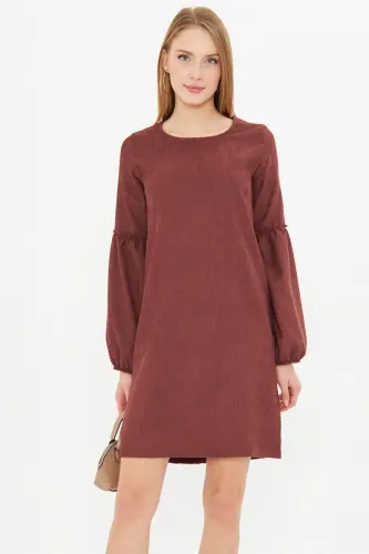 Kadın Kahve Kolu Balonlu Kadife Elbise ARM-20K001107-KAHVE - 4