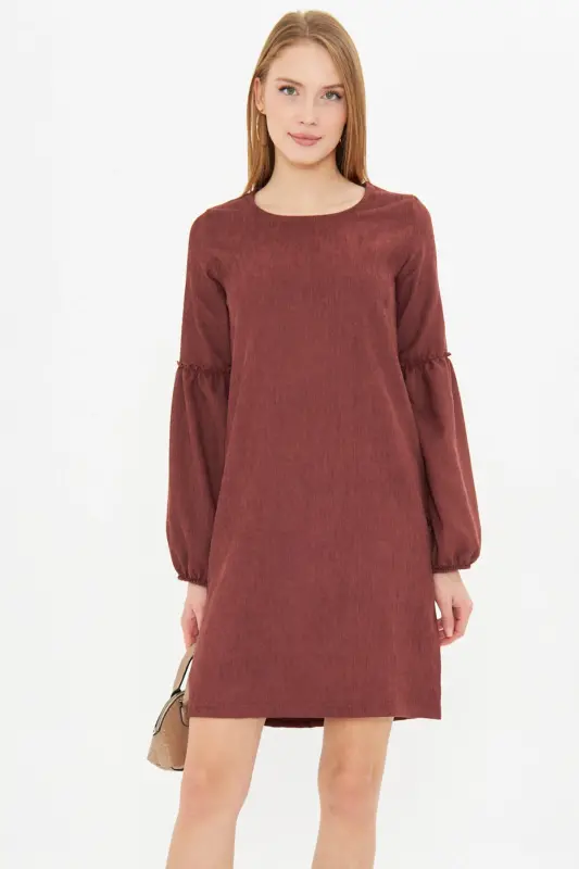 Kadın Kahve Kolu Balonlu Kadife Elbise ARM-20K001107-KAHVE - 4