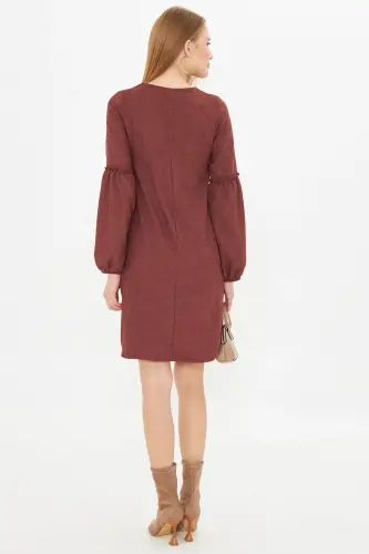 Kadın Kahve Kolu Balonlu Kadife Elbise ARM-20K001107-KAHVE - 5