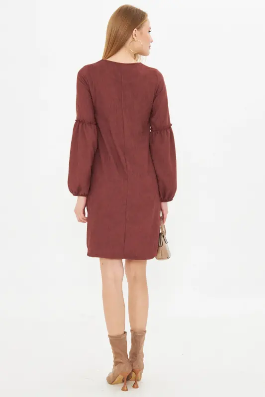 Kadın Kahve Kolu Balonlu Kadife Elbise ARM-20K001107-KAHVE - 5