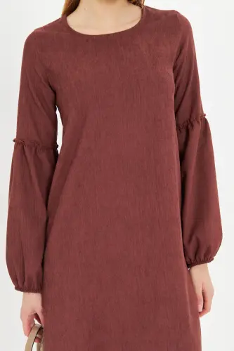 Kadın Kahve Kolu Balonlu Kadife Elbise ARM-20K001107-KAHVE - ARMONIKA (1)