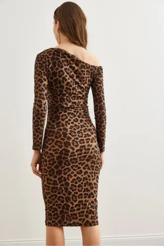 Kadın Kahve Leopar Kayık Yaka Örme Mini Elbise ELB-19002316 - Kahve Leopar - 7