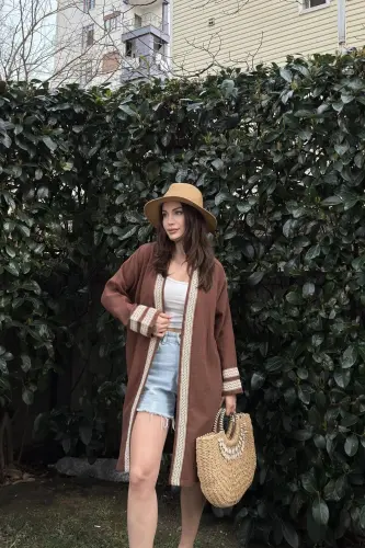 Kadın Kahve Müslin Kumaş, Hasır Şerit Detaylı Salaş Kimono Ceket - KAHVE - 2