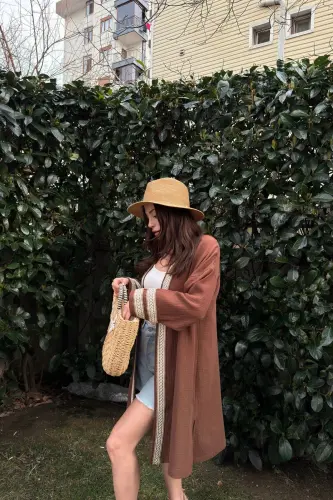 Kadın Kahve Müslin Kumaş, Hasır Şerit Detaylı Salaş Kimono Ceket - KAHVE - 4