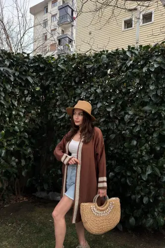 Kadın Kahve Müslin Kumaş, Hasır Şerit Detaylı Salaş Kimono Ceket - KAHVE - 5