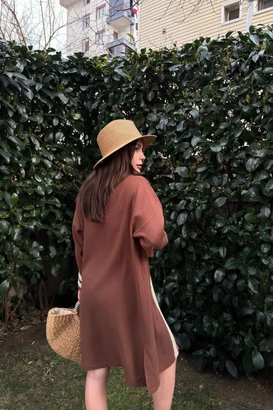 Kadın Kahve Müslin Kumaş, Hasır Şerit Detaylı Salaş Kimono Ceket-KAHVE - 3