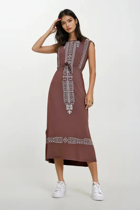 Kadın Kahve Nakış Baskılı Bohem Elbise ALC-6564 - KAHVE - 1