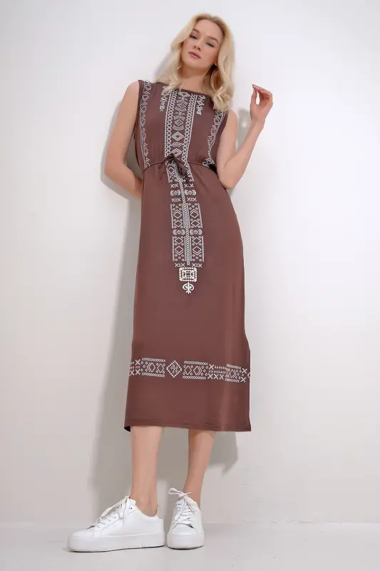 Kadın Kahve Nakış Baskılı Bohem Elbise ALC-6564 - KAHVE - 2