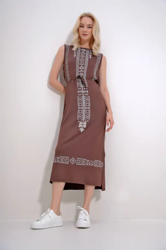 Kadın Kahve Nakış Baskılı Bohem Elbise ALC-6564 - KAHVE - 3