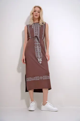 Kadın Kahve Nakış Baskılı Bohem Elbise ALC-6564 - KAHVE - 4