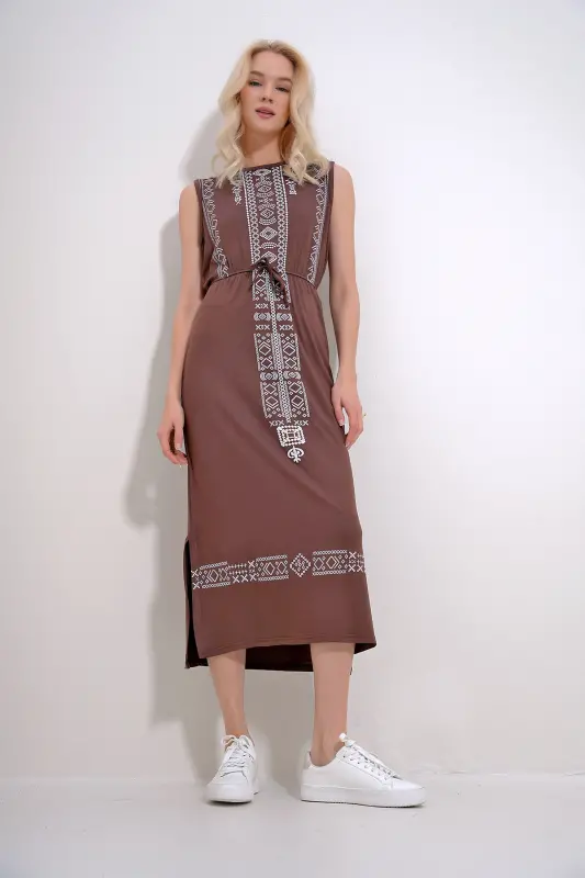 Kadın Kahve Nakış Baskılı Bohem Elbise ALC-6564 - KAHVE - 4