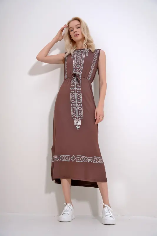 Kadın Kahve Nakış Baskılı Bohem Elbise ALC-6564 - KAHVE - 5