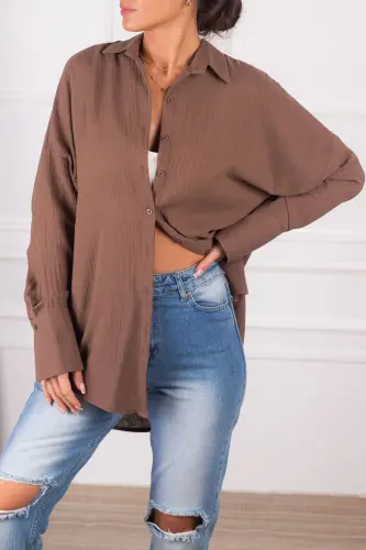 Kadın Kahve Oversize Dokulu Keten Görünümlü Geniş Manşetli Gömlek ARM-24K001001-Kahve - 3