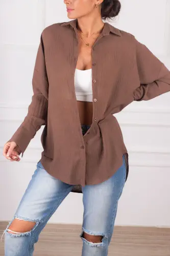 Kadın Kahve Oversize Dokulu Keten Görünümlü Geniş Manşetli Gömlek ARM-24K001001-Kahve - 4