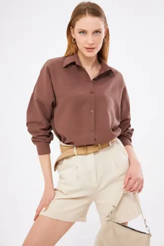 Kadın Kahve Oversize Uzun Basic Gömlek ARM-22Y001118 - Kahve 