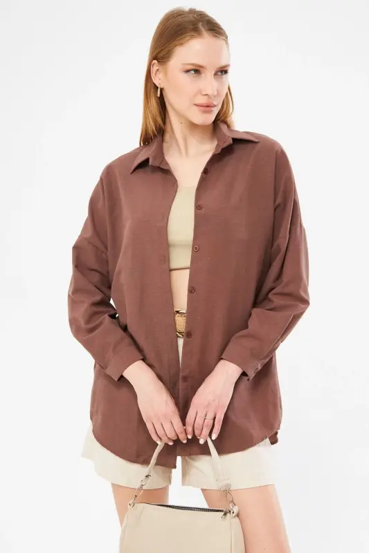Kadın Kahve Oversize Uzun Basic Gömlek ARM-22Y001118 - Kahve - 4
