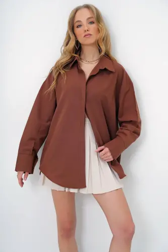 Kadın Kahve Oversize Uzun Dokuma Gömlek ALC-X6828 - KAHVE - 1