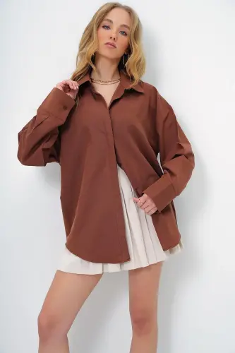 Kadın Kahve Oversize Uzun Dokuma Gömlek ALC-X6828 - KAHVE - 3