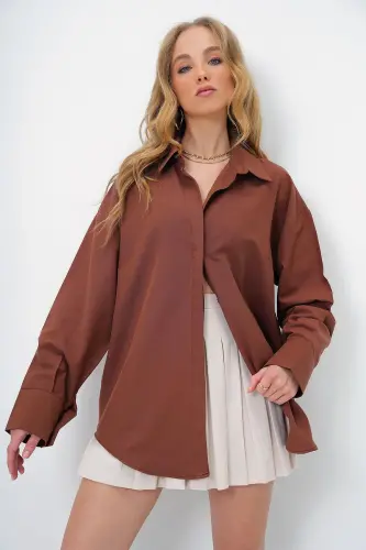 Kadın Kahve Oversize Uzun Dokuma Gömlek ALC-X6828 - KAHVE - 4