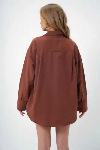 Kadın Kahve Oversize Uzun Dokuma Gömlek ALC-X6828 - KAHVE - 5