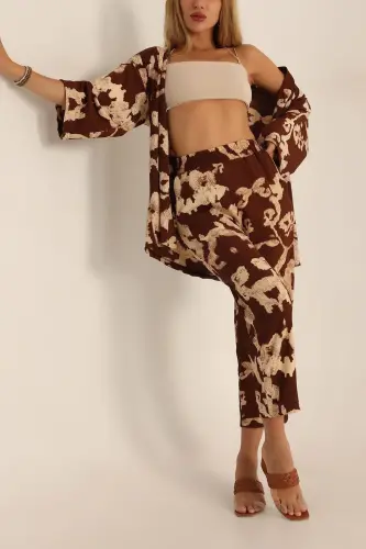Kadın Kahve Rengi Desenli Kimono alt üst takım-kahve desenli - 3