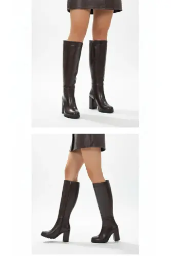 KADIN KAHVE RUSTİK RUGAN DİZ ALTI FERMUARLI TOPUKLU ÇİZME UN001-0118-Kahverengi Rustik - 4