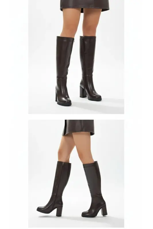 KADIN KAHVE RUSTİK RUGAN DİZ ALTI FERMUARLI TOPUKLU ÇİZME UN001-0118-Kahverengi Rustik - 4