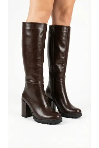 KADIN KAHVE RUSTİK RUGAN DİZ ALTI FERMUARLI TOPUKLU ÇİZME UN001-0118-Kahverengi Rustik - ÜNAL ÖZER (1)