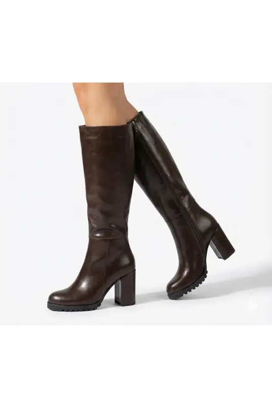 KADIN KAHVE RUSTİK RUGAN DİZ ALTI FERMUARLI TOPUKLU ÇİZME UN001-0118-Kahverengi Rustik - ÜNAL ÖZER